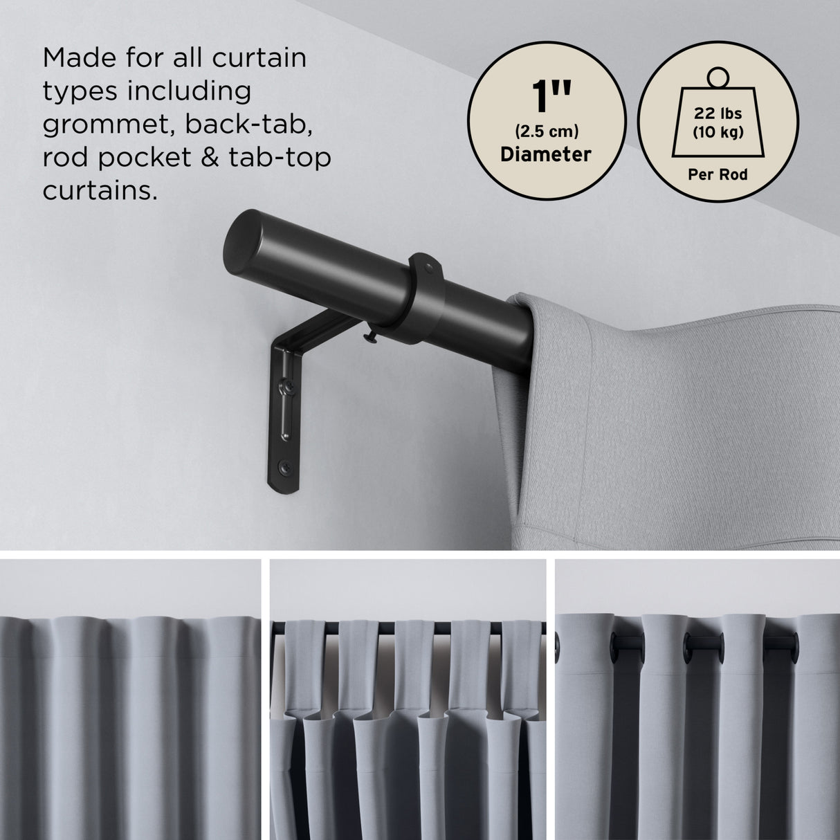 Single Curtain Rods | color: Matte Black | size: 32-64" (81-162 cm) | diameter: 1" (2.5 cm)