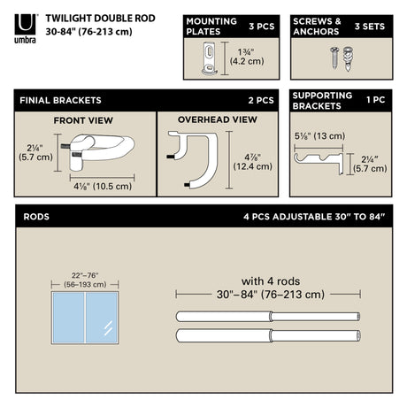 Double Curtain Rods | color: Matte-Black | size: 30-84" (76-213 cm) | diameter: 3/4" (1.9 cm)